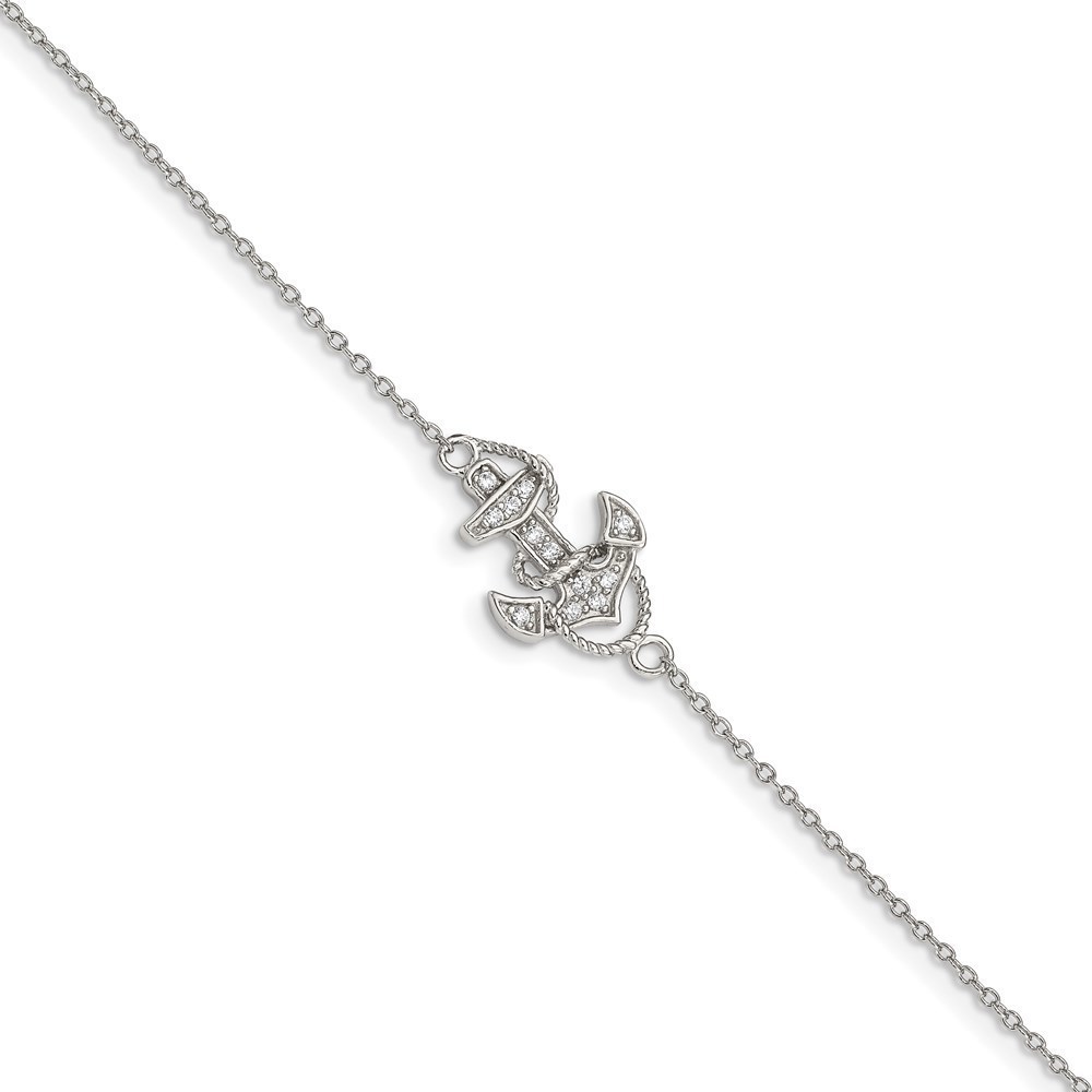 925 Sterling Silver Nautical Rhodium-plated Polished CZ Anchor Bracelet, 7"
